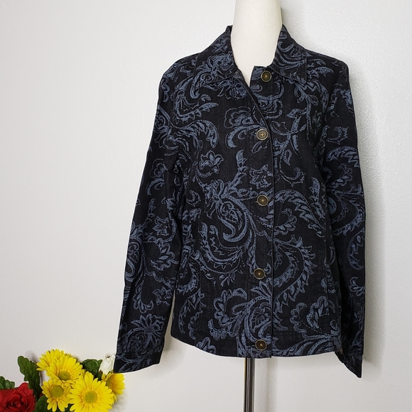 NEW Vintage Denim Paisley Jean Jacket Spring Coat Black Gray - Picture 2 of 13